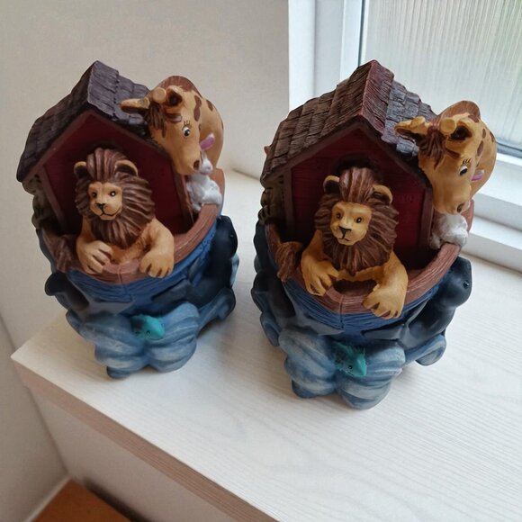 Vintage 1990s Noah's Ark Resin Bookends – Heavy Figi Graphics Set Nursery Decor - Picture 1 of 13